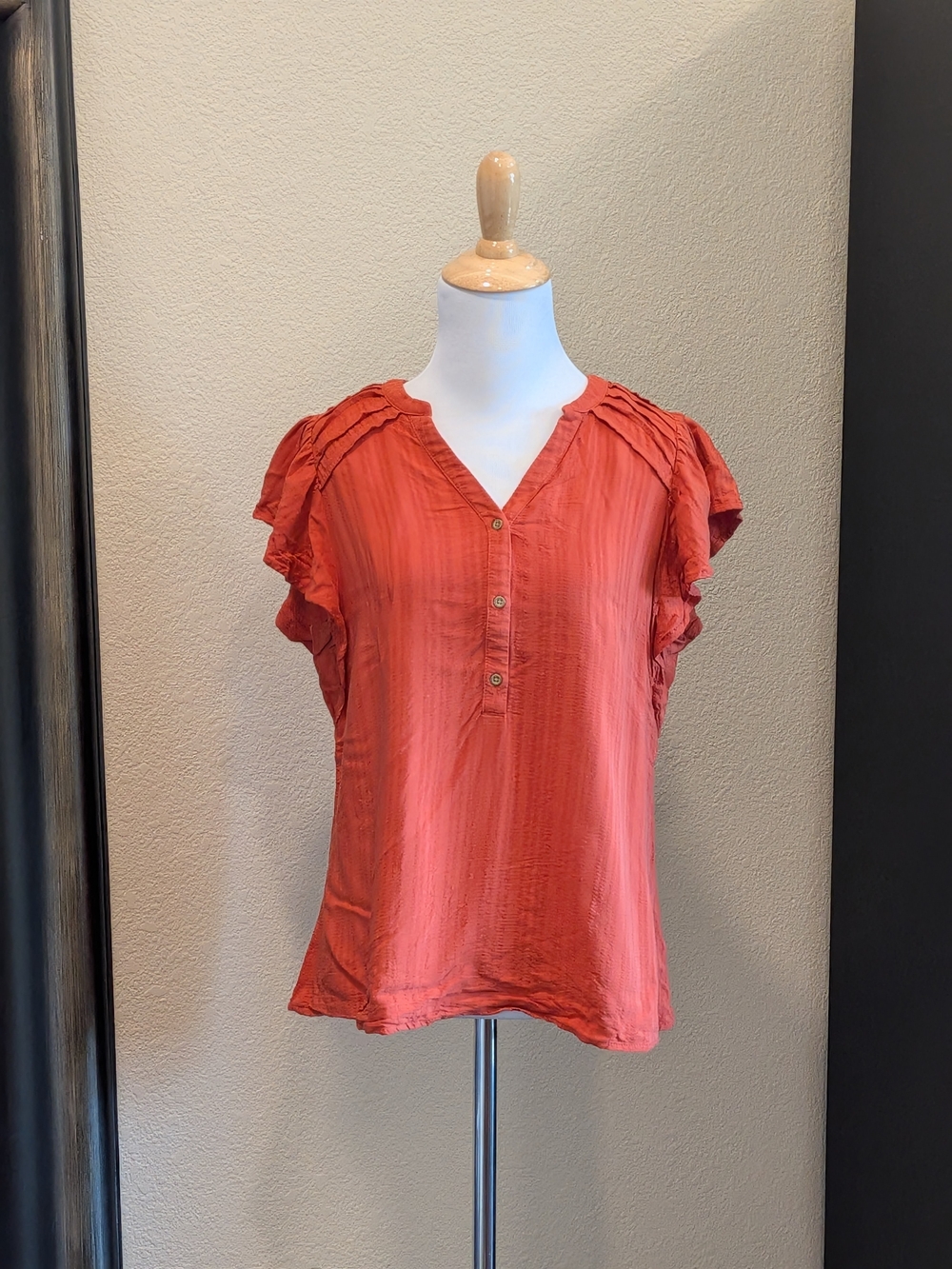 Knox Rose Rust Coral Ruffle Flutter Sleeve Textured Blouse XS